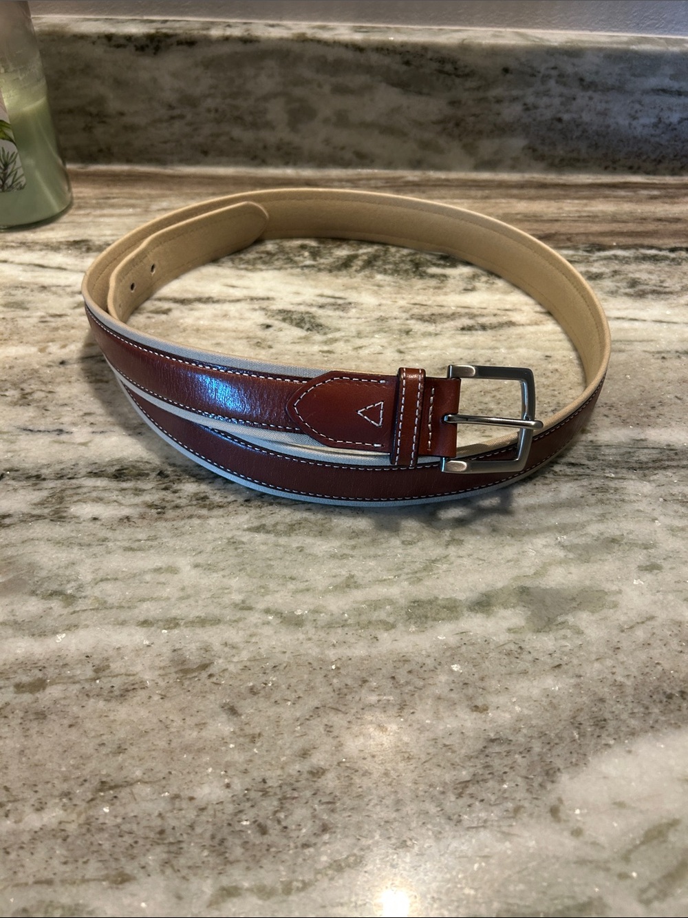 Tommy Bahama Brown and Cream Leather Belt with Contrast Inlay